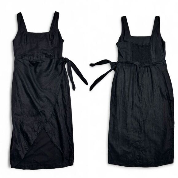Aritzia Wilfred Saturn Dress Black Organic Linen Wrap Midi 8 Minimalist Classic - Picture 5 of 12